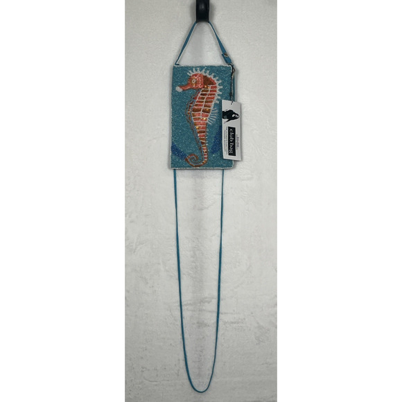 NWT Seahorse Hand Beaded Club Bag W/Crossbody Strap & Buttoned Wristlet Strap - Picture 1 of 12